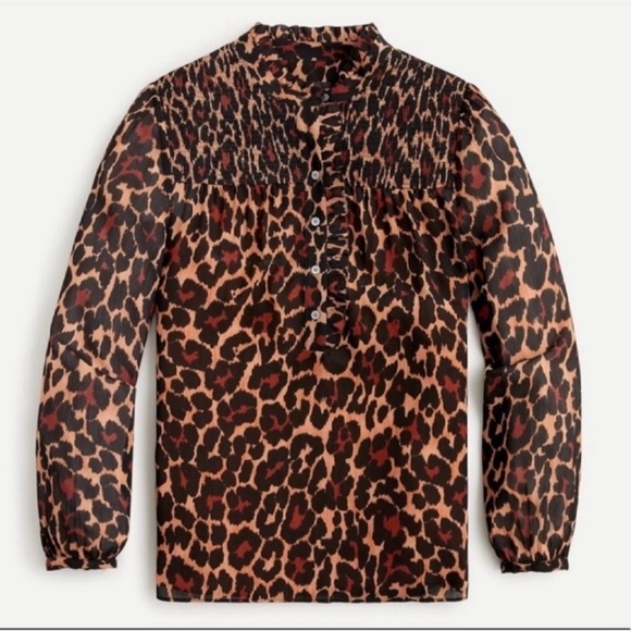 J. crew Smocked Animal Print Pop over Blouse s M - Picture 2 of 5